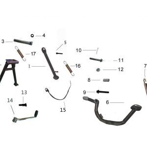 This schematic diagram shows components such as the main stand, side stand and read brake pedal for the Mash Seventy range of 125cc street brat style motorcycles.