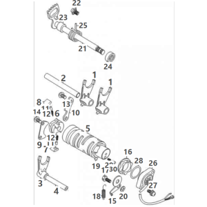This diagram shows the gear selection components from a gear box for a Mash Black Seven 125cc liquid cooled euro 5 motorcycle