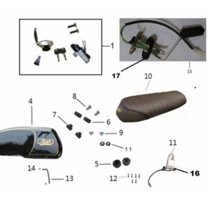Diagram showing tank and saddle components for a Mash Black Seven 125cc and 250cc
